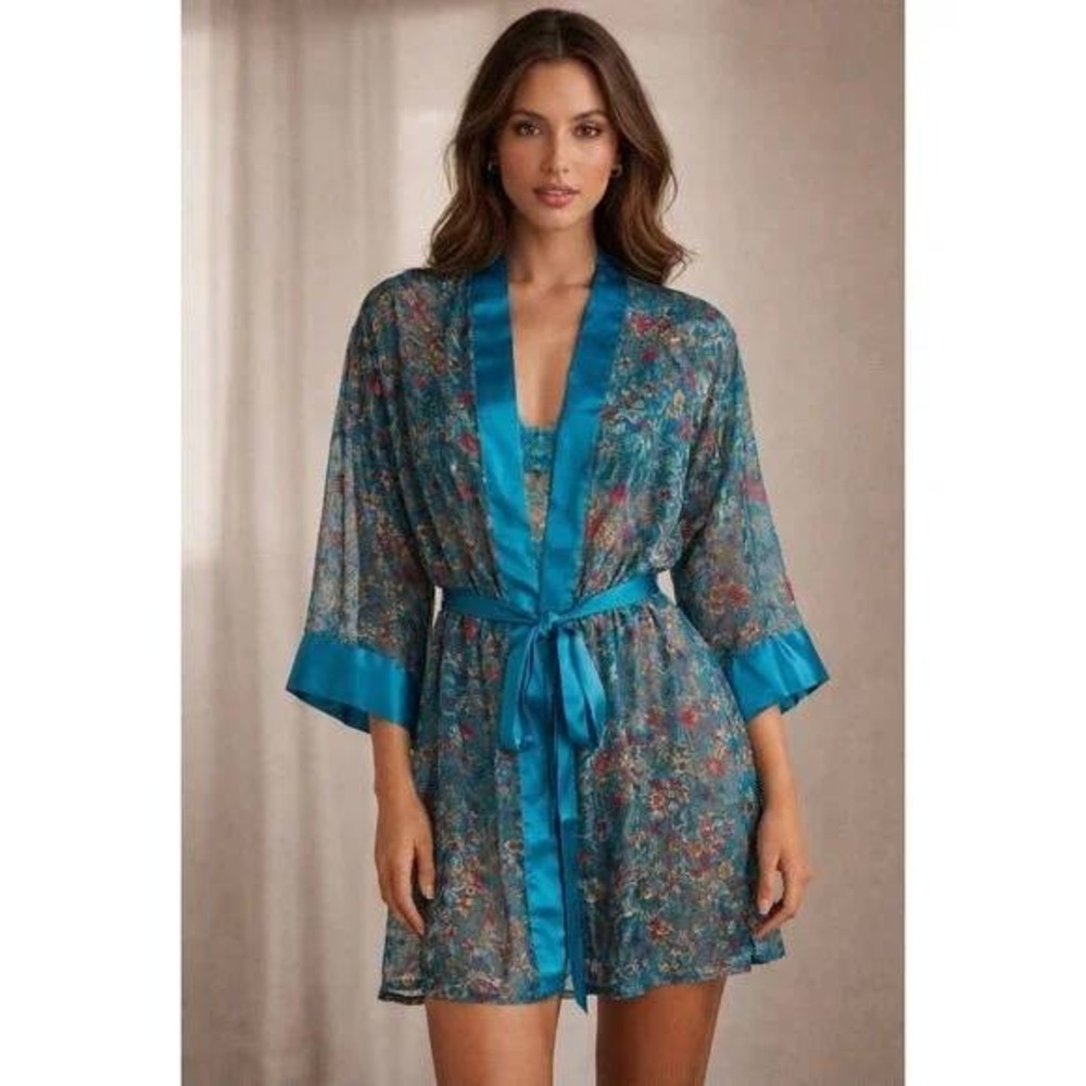 Victoria's Secret Gold‎ Label Vintage Sheer Floral Embroidered Teal Kimono Robe